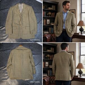 J.G. Hook Mens 42R Lambswool Blazer Tan Windowpane 3 Button Sport Coat Jacket